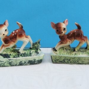 Vintage Kitsch Big Eyes Fawn Bambi Ceramic Trinket or Soap Dishes Pair 50s 60s