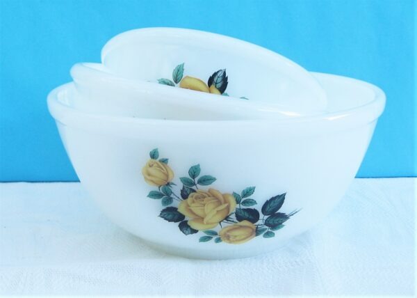 Vintage Phoenix Opal Ware Graduated Mixing Bowls x3 Yellow Rose 60s 70s