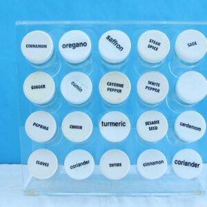 Retro Acrylic Spice Rack with 20 Glass Storage Jars Shaker Lids Plus Labels 70s 80s