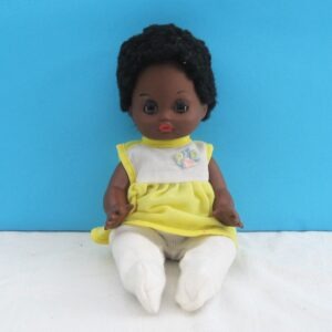 Vintage Black Baby Doll Yellow Dress Poseable Closing Eyes Hard Plastic & Vinyl 60s 70s
