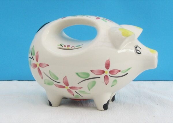 Vintage Ceramic Piggy Bank Hand Painted Flowers Dual Slots & Handle 60s 70s
