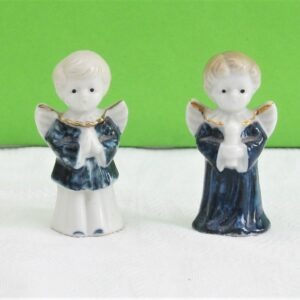 Vintage Christmas Ornament Pair Ceramic Choir Boys Angels in Blue 70s 80s