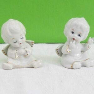 Vintage Christmas Ornaments Pair Cute White Ceramic Cherubs Angels 70s 80s