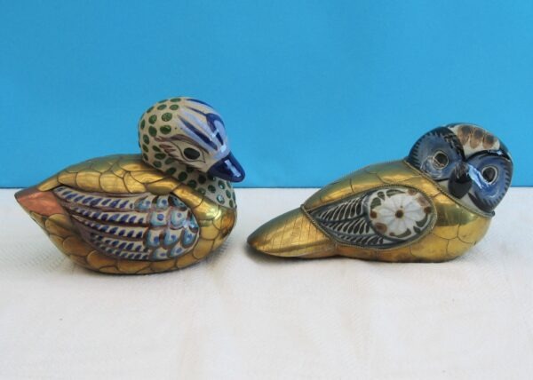 Vintage Decorative Brass Stone Animal Ornaments Hand Painted - Owl or Duck