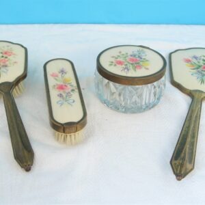 Vintage Dressing Table Set 4 Pieces Guilloche Floral Pattern Brass Handles 50s 60s