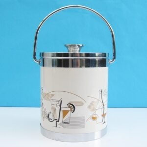 Vintage Ice Bucket White Cocktails Design Chrome Lid Trims Made in Japan 70s 80s