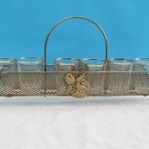 Vintage Gold Banded Shot Glasses x6 in Brass Rose Basket Atomic Feet 1960s