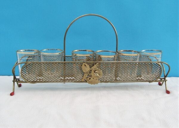 Vintage Gold Banded Shot Glasses x6 in Brass Rose Basket Atomic Feet 1960s