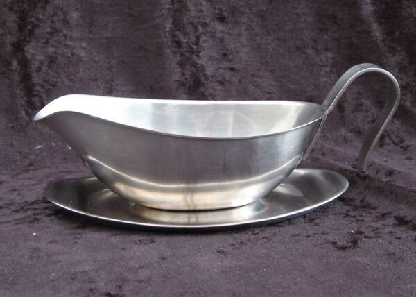 Vintage Stainless Steel Gravy Boat with Attached Saucer 70s 80s