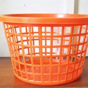 Vintage Orange Plastic Laundry Basket Round Washing Linen 1970s