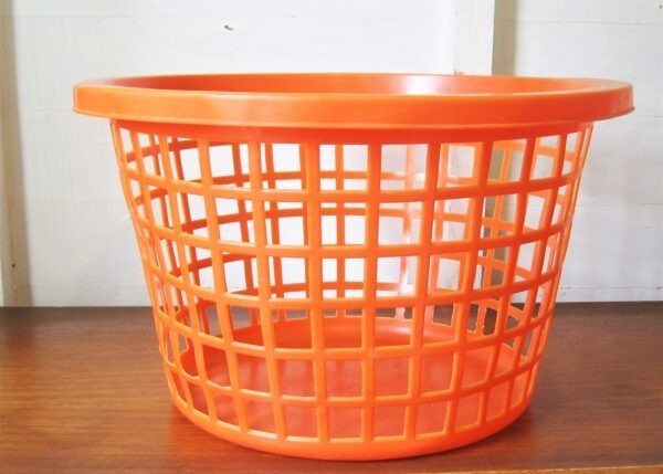 Vintage Orange Plastic Laundry Basket Round Washing Linen 1970s
