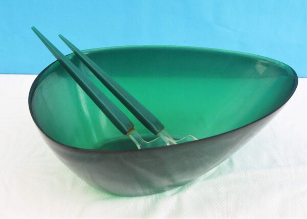 Vintage Green Plastic Salad Bowl With Servers Asymmetrical Shape 60s 70s