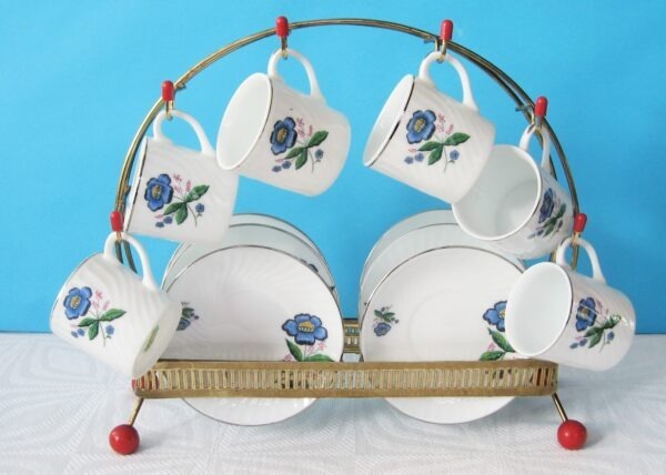 Vintage Porcelain Coffee Espresso Cups & Saucers Set 6 on Brass Atomic Stand 60s 70s