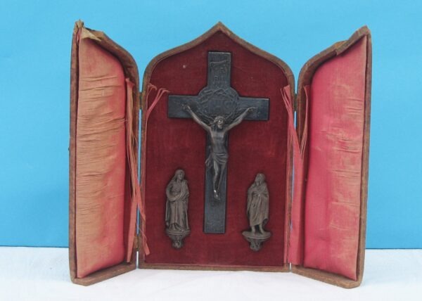 Antique Catholic Triptych Leather Case Altar with Metal Crucifix and Statues