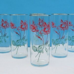 Vintage Beautiful Rose Print Glass Tumblers Hi Ball x6 Mid Century 50s 60s
