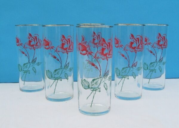 Vintage Beautiful Rose Print Glass Tumblers Hi Ball x6 Mid Century 50s 60s