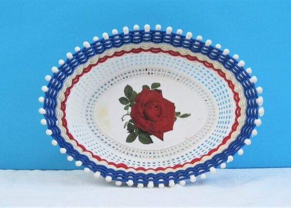 Vintage Plastic Woven Serving Basket Red White Blue with Rose Smit & Co 60s 70s
