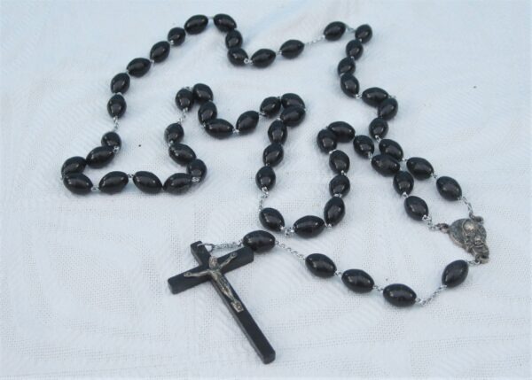 Vintage Rosary Beads Catholic Prayer Necklace Black Plastic Religious Crucifix