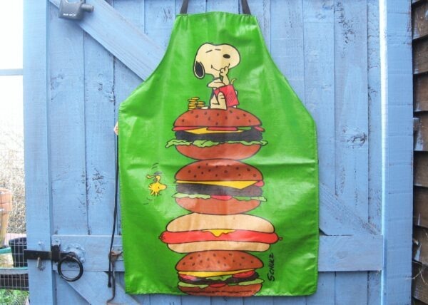 Vintage Snoopy Apron Green Burger Stack Oil Cloth by Sari Fabrics 1980s