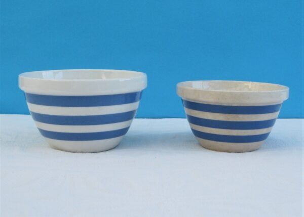 Vintage TG Green Pudding Bowls Blue White Stripe Mid Century - 2 Sizes