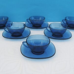 Vintage Vereco Blue Glass Cups Saucers x6 Boxed France 70s 80s