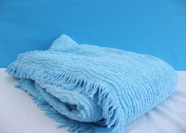 Vintage Candlewick Fringed Bedspread Blue Single Bed Small Double 1970s