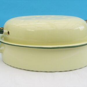 Vintage Enamel Oval Casserole Roasting Tin Lidded Dutch Oven Green Cream 40s 50s