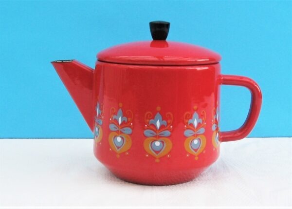 Vintage French Grandmere Enamel Teapot Red Decorative Folk Art 60s 70s