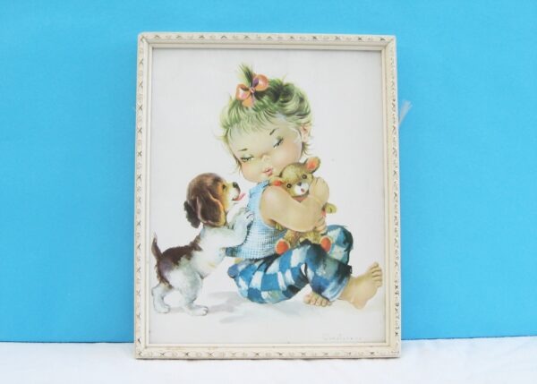 Vintage Kitsch Framed Print Constanza Little Girl Puppy 60s 70s