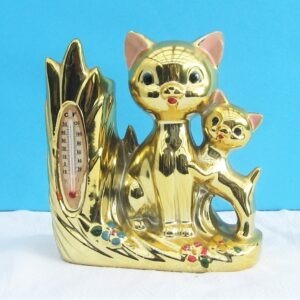 Vintage Kitsch Golden Cat Kitten Bud Vase with Thermometer Japan 60s 70s