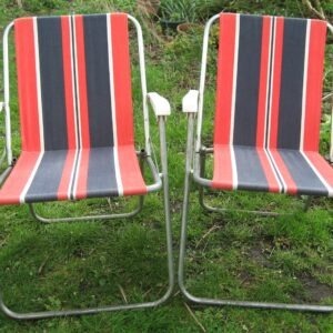 Vintage Pair Deck Chairs Red Black Striped Canvas 70s 80s