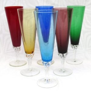 Vintage Barware Champagne Flutes Drinks Glasses Multicoloured Clear Stem 1970s