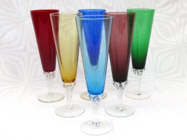 Vintage Barware Champagne Flutes Drinks Glasses Multicoloured Clear Stem 1970s