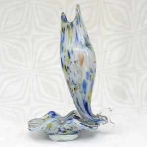 Vintage Decorative Glass Standing Murano Fish Ashtray Blue White 60s 70s