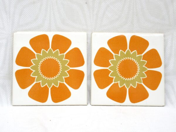 Vintage Villery & Boch Wall Tiles x2 Orange Flower Power 1970s - See Photos