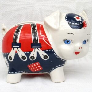 Vintage Toys Sadler Piggy Bank Ceramic Red Blue Dungarees 1970s