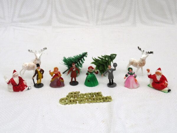 Vintage Christmas Cake Decorations Set 1 Victorian People Trees Reindeer 70s 80s Photo
