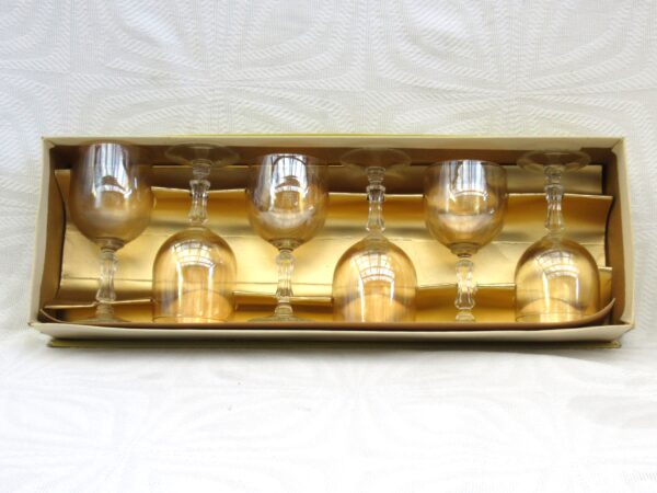 Vintage Barware Boxed Liqueur Glasses Footed x6 Gold Bowl Clear Stem 60s 70s