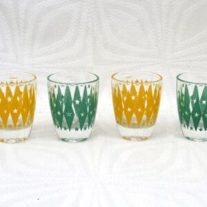 Vintage Barware Shot Glasses Diamond Star Design x4 Green Yellow 60s 70s