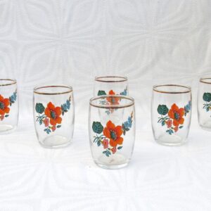Vintage Barware Small Glass Tumblers x6 Orange Flower Power Design 1970s