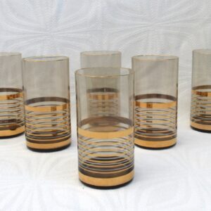 Vintage Barware Smoked Glass Tumblers Glasses x6 Gold Banding 70s 80s