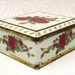 Vintage Biscuit Tin Rose Design Gold Red Hinged Lid 50s 60s Meridith Drew