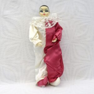 Vintage 80s Pierrot Doll China Porcelain Clown Pink Outfit Soft Body