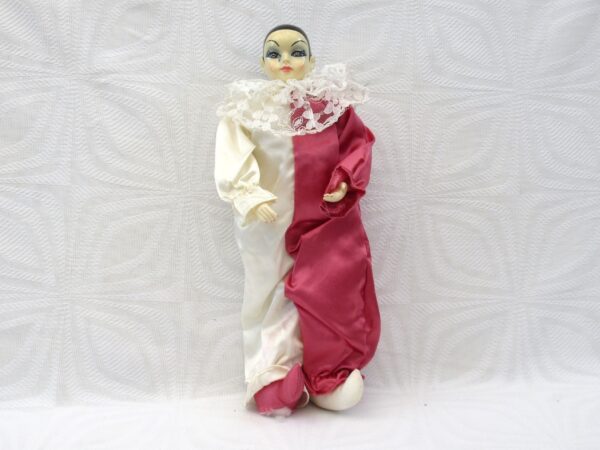 Vintage 80s Pierrot Doll China Porcelain Clown Pink Outfit Soft Body