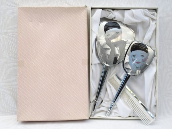 Vintage 80s Pierrot Dressing Table Mirror Set by Regent of London Boxed