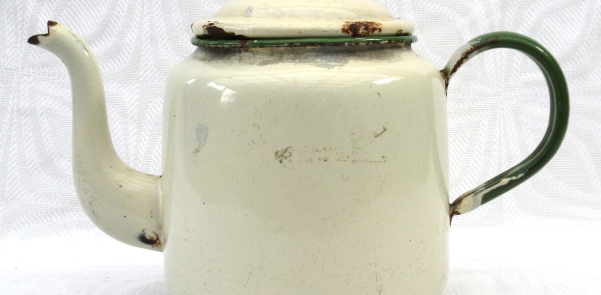 Vintage Enamel Teapot Display Only Green Cream 40s 50s