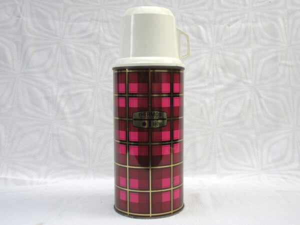 Vintage Tartan Thermos Flask Purple Pink with Two Cups 1L 50s 60s