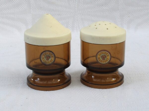 Vintage Betterware Salt Pepper Pots Golden Harvest Brown Plastic 1970s For Sale
