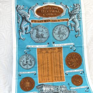 Vintage Tea Towel British Decimal Coins D-Day 1971 Souvenir 1970s