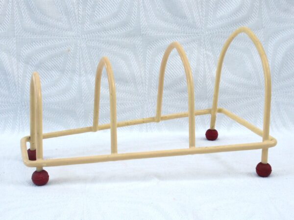 Vintage Cream Plate Rack or Record Holder Plastic Coated Red Ball Feet 50s 60s